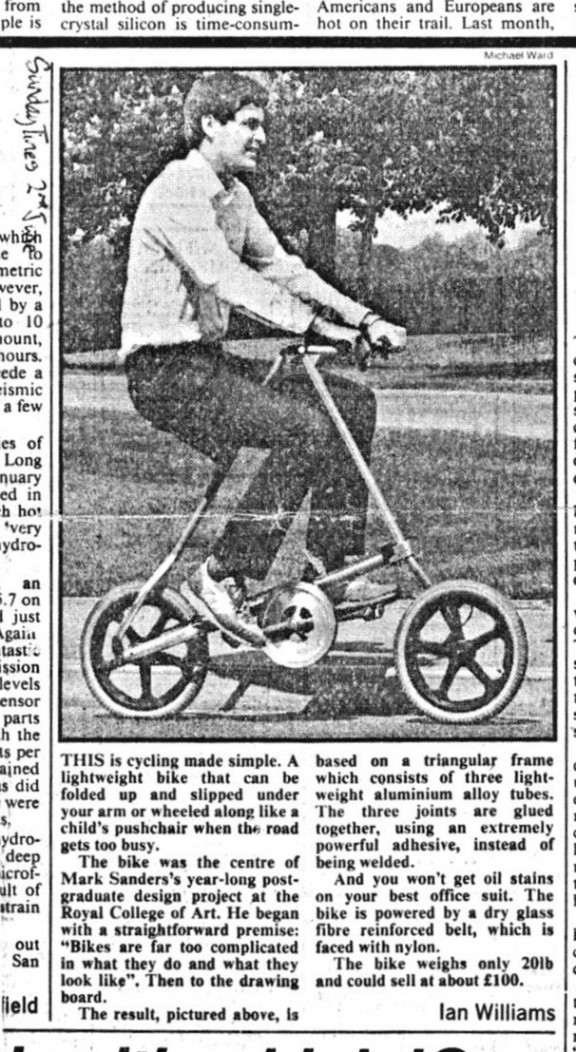 Статья о прототипе Strida RCA в газете  Sunday Times от 2 июня 1985 года